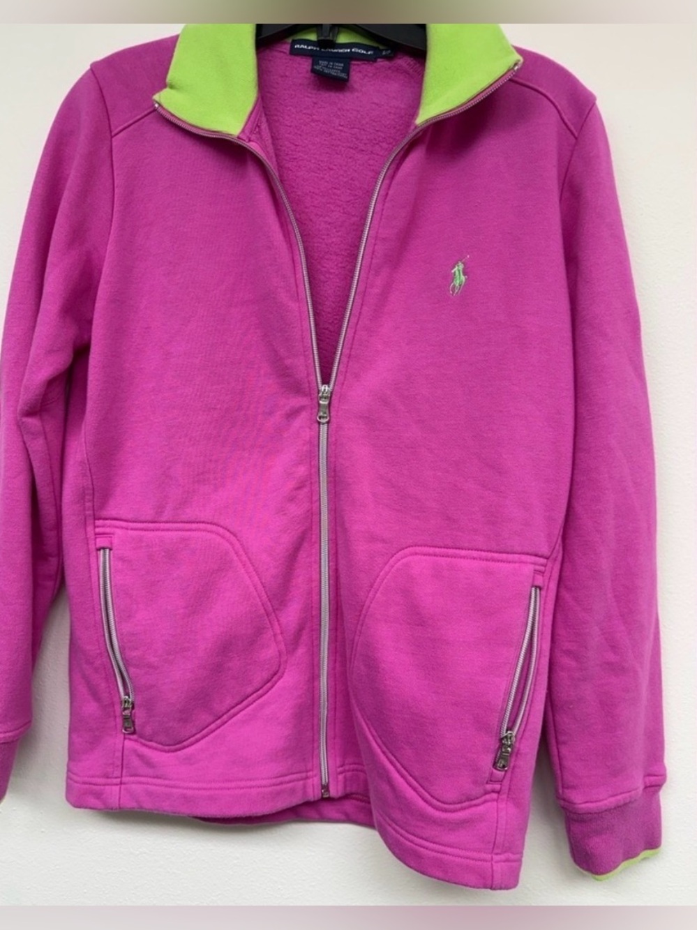 Ralph Lauren Golf Pink Zip-Front Fleece Jacket with Lime Collar